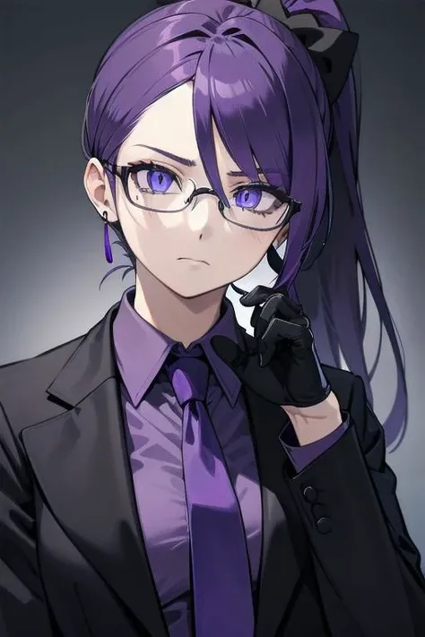 (masterpiece, best quality, perfect face, perfect eyes, detailed face), woman, snake lady, purple hair, neat hair, ponytail, snake eyes, business suit, black suit, light purple shirt, purple tie, menacing, glasses, black gloves,