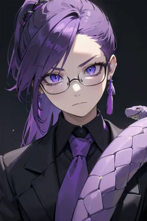 (masterpiece, best quality, perfect face, perfect eyes, detailed face, snake eyes:1.3), woman, snake lady, purple hair, neat hair, ponytail, (business suit, black suit, light purple shirt:1.2), purple tie, menacing, glasses, black gloves, single earring, tassel earring, single tassel, purple tassel,