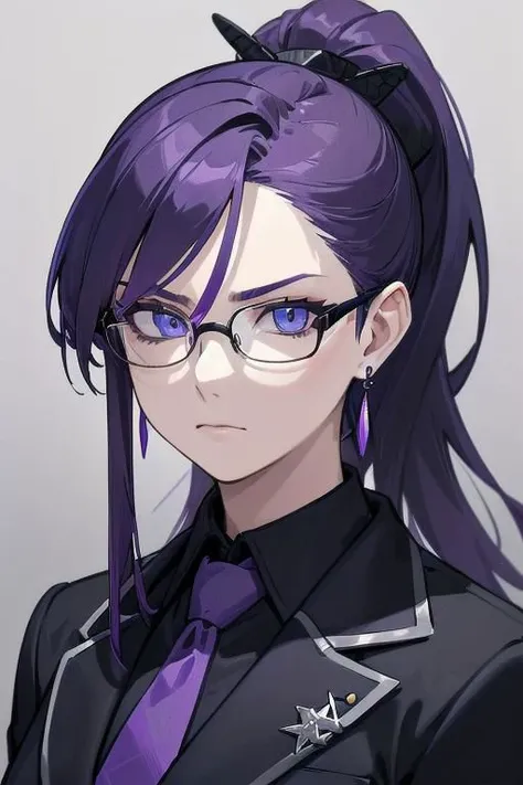 (masterpiece, best quality, perfect face, perfect eyes, detailed face, snake eyes:1.3), woman, snake lady, purple hair, neat hair, ponytail, business suit, black suit, light purple shirt, purple tie, menacing, glasses, black gloves, tassel earring,