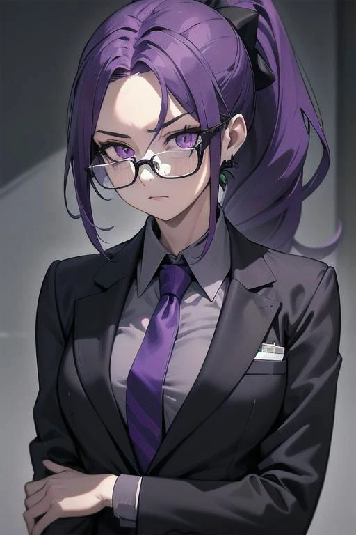 (masterpiece, best quality), woman, snake lady, purple hair, ponytail, snake eyes, business suit, black suit, gray shirt, purple tie, menacing, glasses,