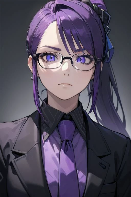 (masterpiece, best quality, perfect face, perfect eyes, detailed face, snake eyes:1.3), woman, snake lady, purple hair, neat hair, ponytail, business suit, black suit, light purple shirt, purple tie, menacing, glasses, black gloves, tassel earring,