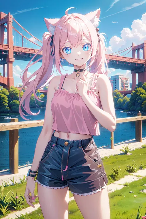 Anime girl with pink hair and blue eyes standing in front of a bridge ...