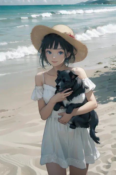 Best quality, (high resolusion:1.2155), (illustration:1.05) (ultra detailed 8k art:1.05), (insanely detailed:1.0), ultra detailed, 1girl with a white dress and hat with cute dog, light smile, looking at viewer,
BREAK, beachside, sand, ocean view, <lora:natv1:0.5>, <lora:ref-ban:0.5>, <lora:FilmVelvia2:0.7>