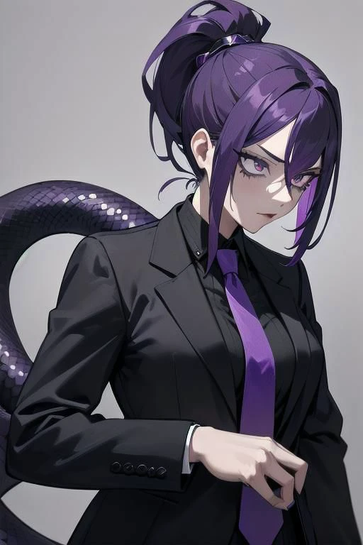 (masterpiece, best quality), woman, snake lady, purple hair, ponytail, snake eyes, business suit, black suit, purple tie, menacing,