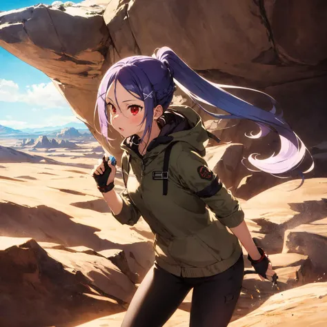 1girl, mitosao, long hair, solo,  ponytail,braid, red eyes, x hair ornament,  purple hair,BREAK,cowboy shot, 
 Intricate sandstone formations, natural arches, desert landscapes, vibrant colors, hiking trails, geological marvels,BREAK Sturdy shoes, lightweight clothing, sunscreen, water-resistant jacket,