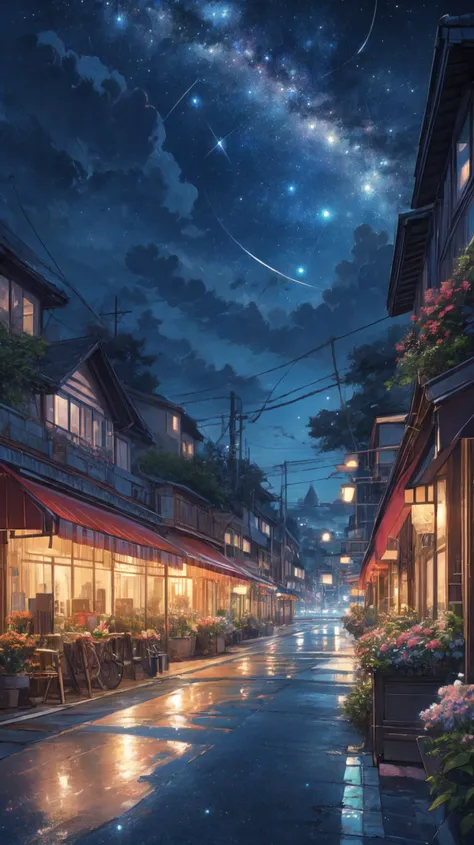 (masterpiece,best quality:1.2),(ultra detailed),(illustration),(distinct_image),art,stylized,PIXIV,
outdoors, flower, night, scenery, road, building, house, starry sky, summer, street,
<lora:add_detail:1>, <lora:cozy animation scenes_20230824111332:0.6> cozy animation scenes,