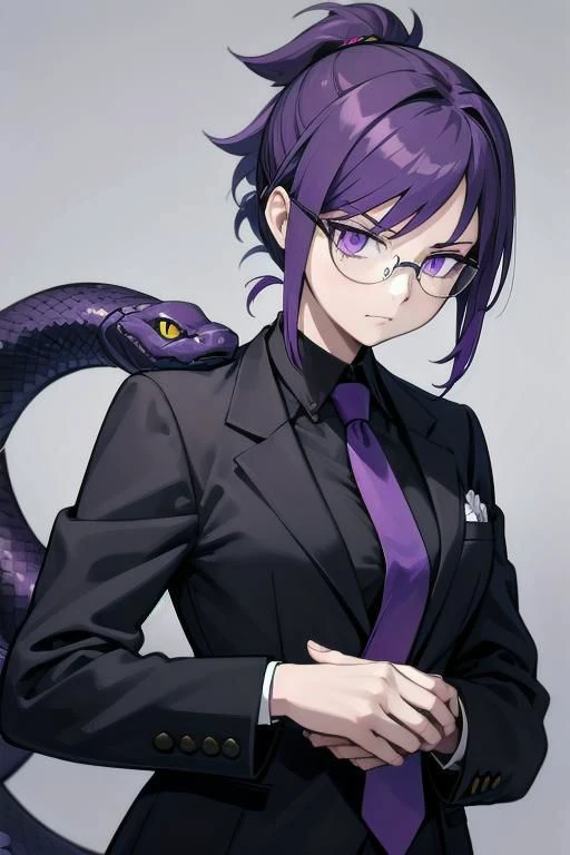 (masterpiece, best quality), woman, snake lady, purple hair, ponytail, snake eyes, business suit, black suit, gray shirt, purple tie, menacing, glasses,