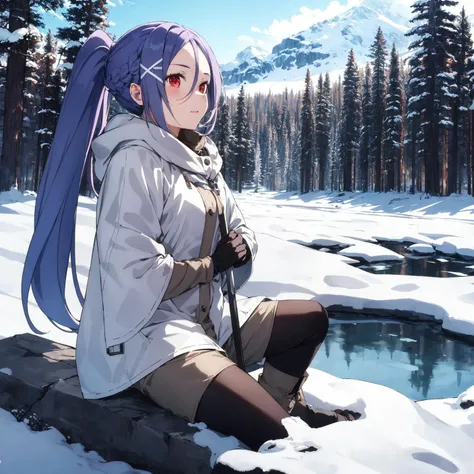 1girl, mitosao, long hair, solo, ponytail,braid, red eyes, x hair ornament, purple hair,BREAK,cowboy shot,
Snowy mountain passes, frozen lakes, ice caves, skiing opportunities, winter wonderland, pristine landscapes,BREAK Warm layers, waterproof boots, gloves, thermal clothing,