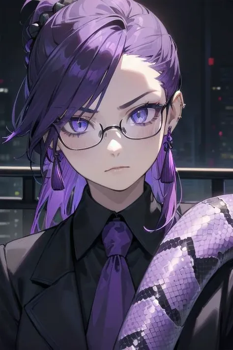 (masterpiece, best quality, perfect face, perfect eyes, detailed face, snake eyes:1.3), woman, snake lady, purple hair, neat hair, ponytail, (business suit, black suit, light purple shirt:1.2), purple tie, menacing, glasses, black gloves, (single earring, single tassel:1.2), tassel earring, purple tassel, office building,