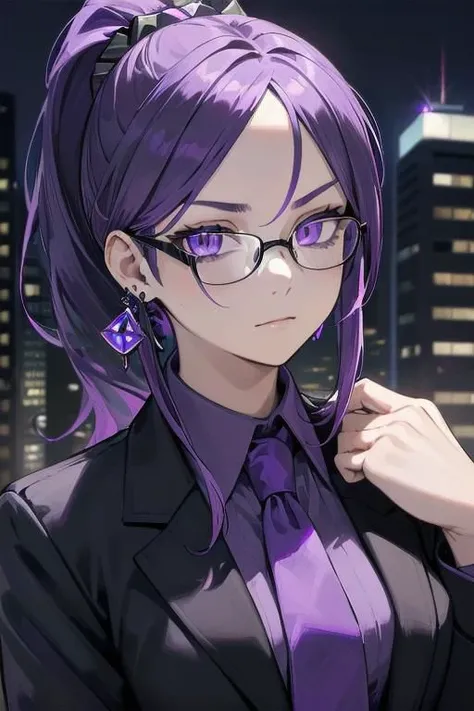(masterpiece, best quality, perfect face, perfect eyes, detailed face, snake eyes:1.3), woman, snake lady, purple hair, neat hair, ponytail, purple gray eyes, (business suit, black suit, light purple shirt:1.2), purple tie, menacing, glasses, black gloves, single earring, tassel earring, single tassel, purple tassel, office building, night,