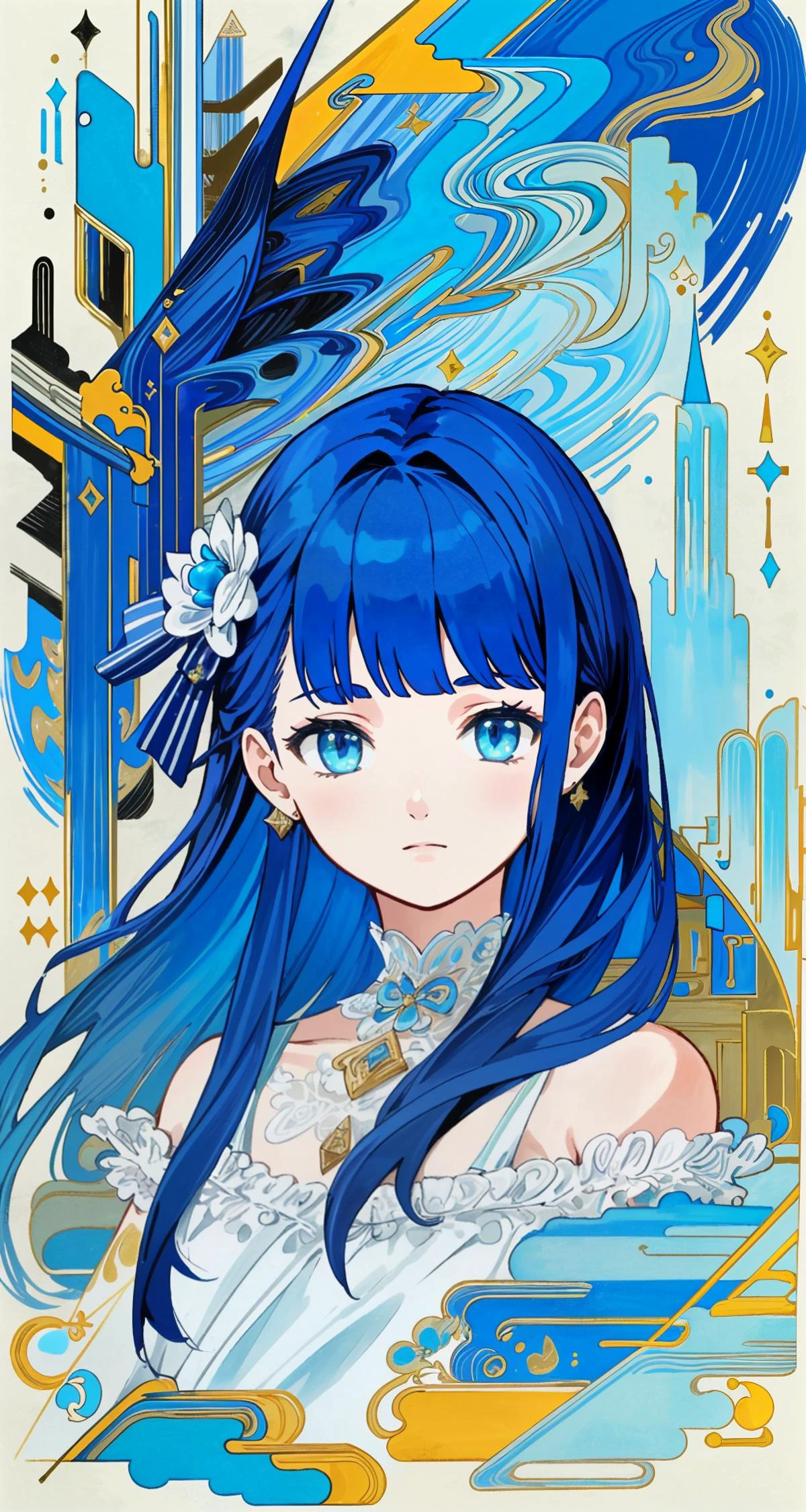 (masterpiece, best quality:1.2), (ultra detailed), (illustration), (distinct_image), (intricate_details), (delicate illustration), (abstract art:1.3), art, stylized,
<lora:doa_lobelia-v2:0.35> lobelia, blue hair, blunt bangs, hair ornament, blue dress, castle, upper body, yard,