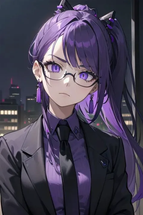 (masterpiece, best quality, perfect face, perfect eyes, detailed face, snake eyes:1.3), woman, snake lady, purple hair, neat hair, ponytail, purple gray eyes, (business suit, black suit, light purple shirt:1.2), purple tie, menacing, glasses, black gloves, tassel earring, purple tassel, office building, windows, night,