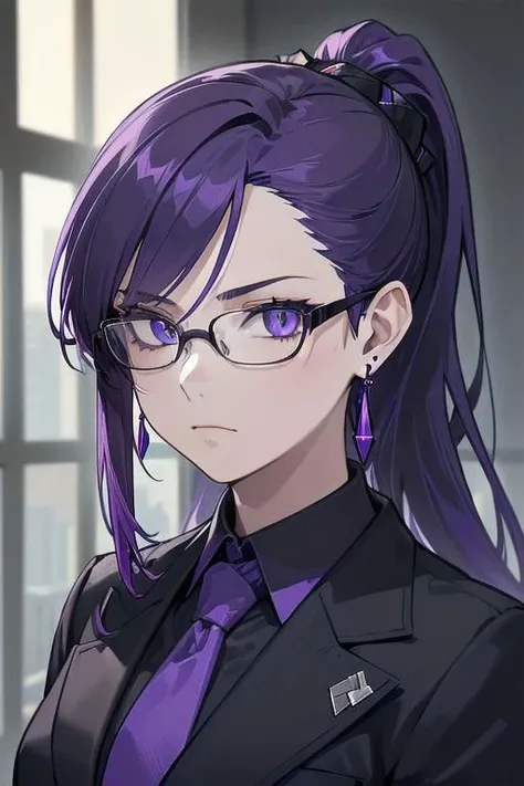 (masterpiece, best quality, perfect face, perfect eyes, detailed face, snake eyes:1.3), woman, snake lady, purple hair, neat hair, ponytail, (business suit, black suit, light purple shirt:1.2), purple tie, menacing, glasses, black gloves, single earring, tassel earring, single tassel, purple tassel, office building,