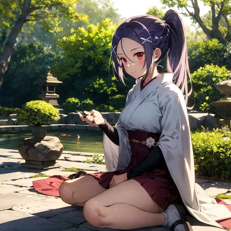 1girl, mitosao, long hair, solo, ponytail,braid, red eyes, x hair ornament, purple hair,cape,BREAK,cowboy shot,
Serene Japanese gardens, koi ponds, stone lanterns, winding paths, Zen atmosphere, peaceful retreats,BREAK Modest attire, comfortable shoes, light layers, sunscreen,