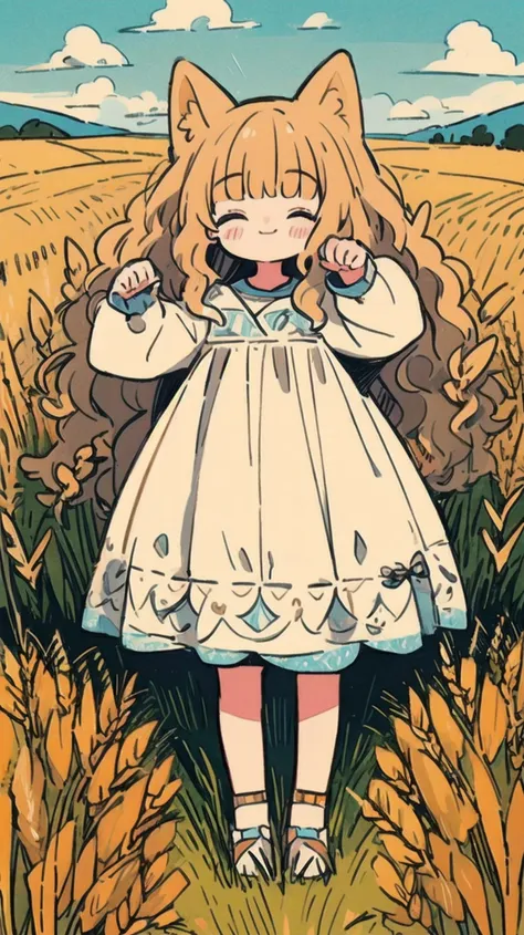 (masterpiece,best quality:1.2),(ultra detailed),(illustration),(distinct_image),art,stylized, absurdres, bright color,
<lora:mjty:0.7> mjtyhz,portrait, closed mouth,light smile, dress, outdoors, wheat field, paw pose, blonde hair,blunt bangs, wavy hair,