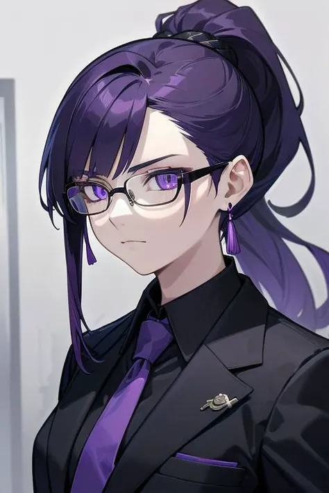 (masterpiece, best quality, perfect face, perfect eyes, detailed face), woman, snake lady, purple hair, neat hair, ponytail, (snake eyes:1.2), business suit, black suit, light purple shirt, purple tie, menacing, glasses, black gloves, tassel earring,