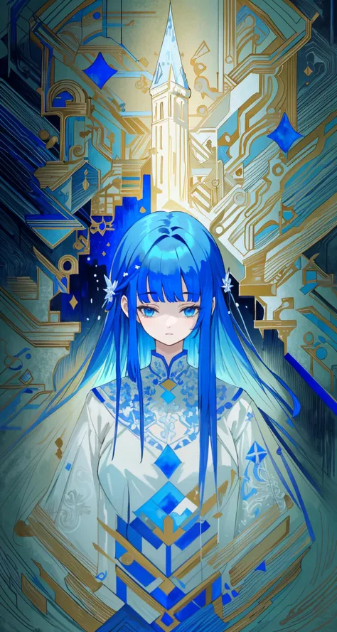 (masterpiece, best quality:1.2), (ultra detailed), (illustration), (distinct image), (intricate_details), (delicate illustration), (abstract art:1.3), (art, stylized),
<lora:doa_lobelia-v2:0.35> lobelia, blue hair, blunt bangs, hair ornament, white dress, castle, upper body, outdoors,