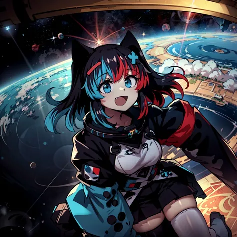 masterpiece, high quality, dark, dynamic lighting,
BREAK earth from space
BREAK <lora:Switchchan:0.7> , switch-chan, (space suit, space helmet:1.3), flying in space, menacing smile,