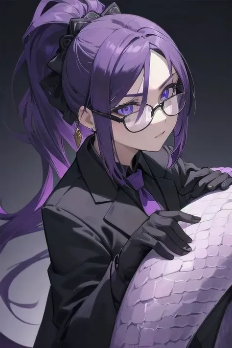 (masterpiece, best quality, perfect face, perfect eyes, detailed face), woman, snake lady, purple hair, neat hair, ponytail, (snake eyes:1.3), business suit, black suit, light purple shirt, purple tie, menacing, glasses, black gloves, tassel earring,