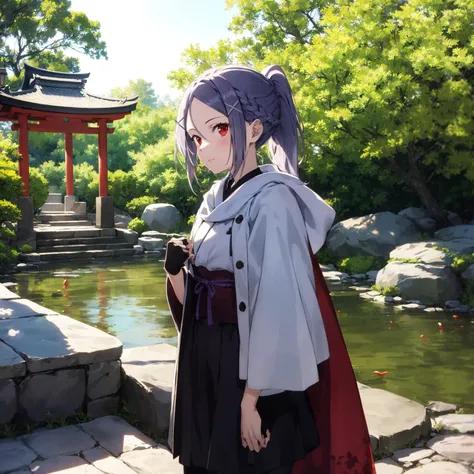 1girl, mitosao, long hair, solo, ponytail,braid, red eyes, x hair ornament, purple hair,cape,BREAK,cowboy shot,
Serene Japanese gardens, koi ponds, stone lanterns, winding paths, Zen atmosphere, peaceful retreats,BREAK Modest attire, comfortable shoes, light layers, sunscreen,