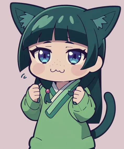 <lyco:maomao_1:0.8>,maomao,1girl,blunt bangs,green hair,long hair,blue eyes,solo,(chibi:1)
cat ears,animal ear fluff,:3,cat tail,cat girl,kemonomimi mode,simple background, freckles,, absurdres , highres, ultra detailed, (1girl:1.3),