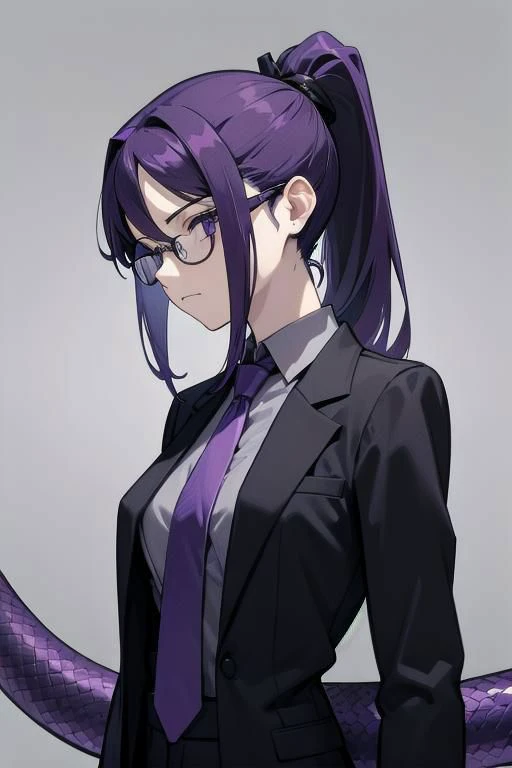 (masterpiece, best quality), woman, snake lady, purple hair, ponytail, snake eyes, business suit, black suit, gray shirt, purple tie, menacing, glasses,