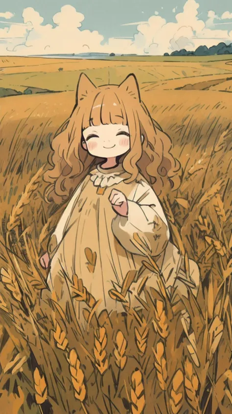 (masterpiece,best quality:1.2),(ultra detailed),(illustration),(distinct_image),art,stylized, absurdres, bright color,
<lora:mjty:0.7> mjtyhz,portrait, closed mouth,light smile, dress, outdoors, wheat field, paw pose, blonde hair,blunt bangs, wavy hair,