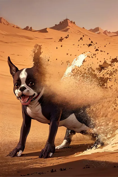 , (best quality), (masterpiece),
DisintegrationEffect, <lora:DisintegrationEffect:1.1>,
boston terrier,Iggy,(swirling:1.2) ,
sand,dust,desert,
<lora:sanDka2:-0.5>