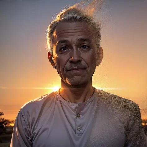 old man, looking at viewer, smile, closed mouth, upper body <lora:DisintegrationEffect:0.75> DisintegrationEffect, sunset