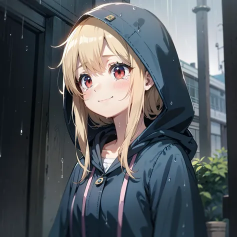 girl, blonde hair, red eyes, rain, looking down, smile, tears, blue raincoat, hood up, town