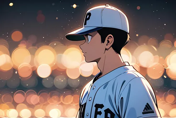master piece,best quality,1boy,solo,baseball uniform,baseball uniform,white pants,pants,baseball cap,black hair,outdoors,belt,crowd,<lora:Adachi_v2:0.6>,baseball ground,profile,bokeh,
portrait,look up,(put on baseball glove),
