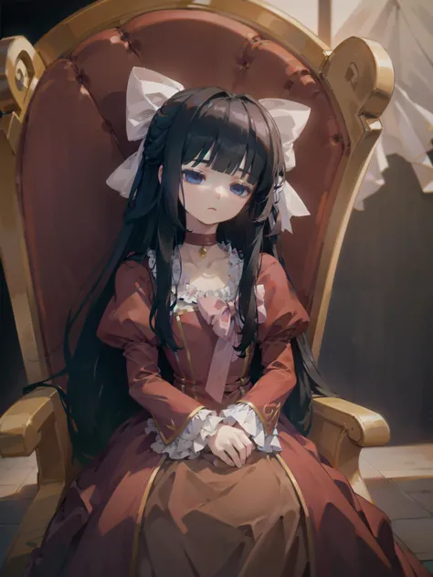 <lora:Aya1.6-000004:0.75>, Aya_\(Doll\), red_doll_dress, white_hair_bow, black_background, (looking_down, looking_away), solo, empty eyes, expressionless, chair, throne, chest_bow, hands on lap, dark lighting, pale skin, head tilt, indoors, <lora:hypnoLora8-000012:1> , chiaroscuro, high key lighting, half-closed eyes:0.5, candid_shot