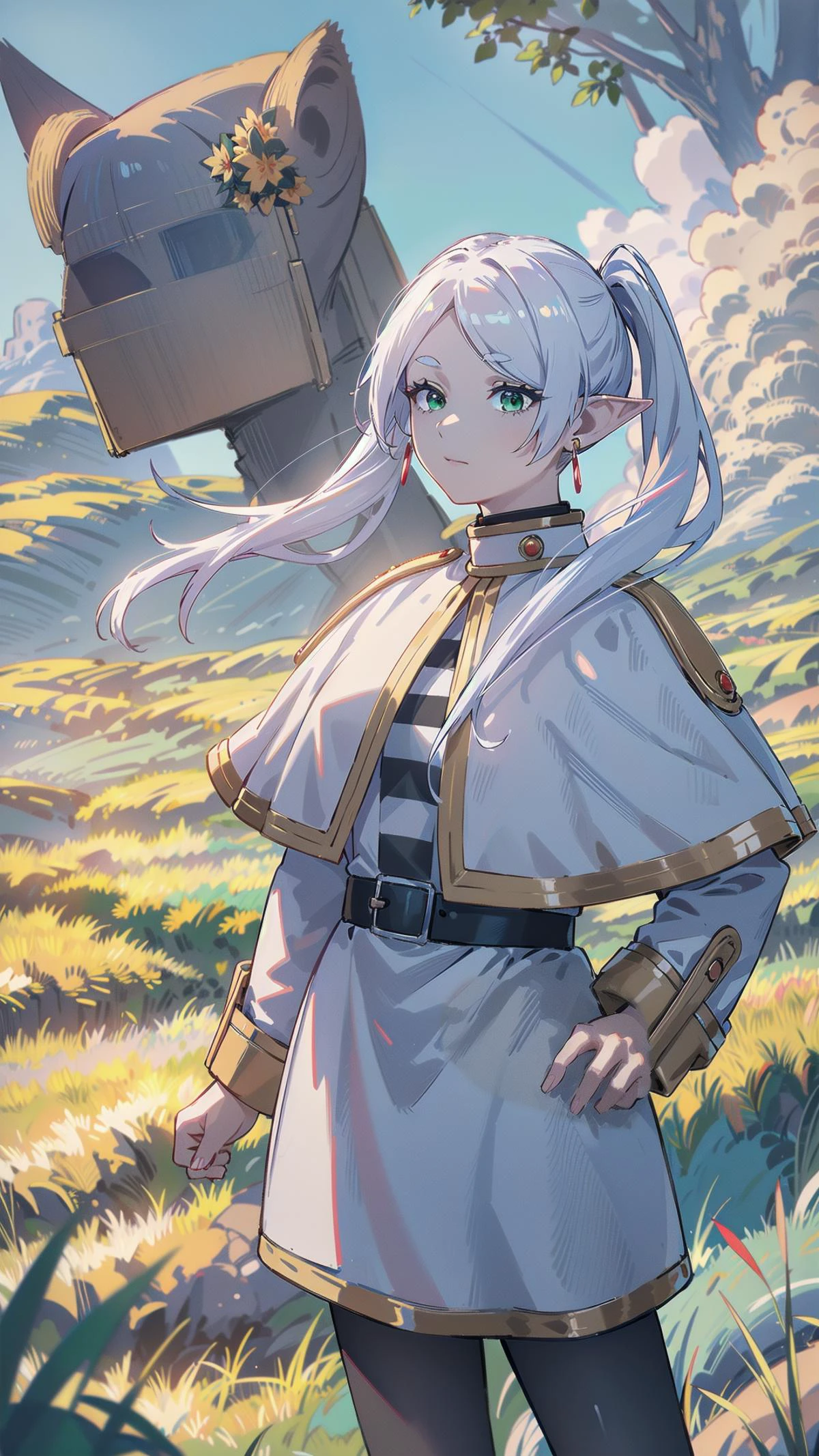 fist the hip, (8k, RAW photo, best quality, masterpiece:1.2), (realistic, photo-realistic:1.37), fll, twintails, 1girl, pointy ears, round face,white hair, white capelet, green eyes, elf, pantyhose, long hair, earrings, black pantyhose, long sleeves, nature,grasslands,Standing with one hand on the hip, looking confident, <lora:fll-v100_2:0.8> <lyco:frierenv2-lyco-nochekaiser:0.3>