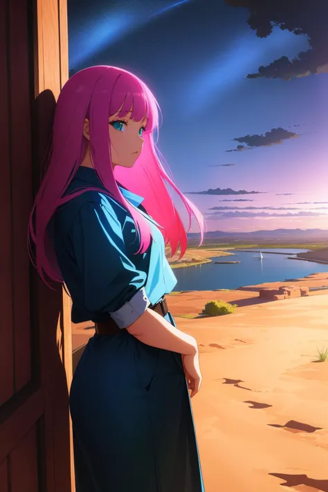 1girl, (clean art stylized by Guy Billout:1.1) and (Hans Memling:1.0) , surrealism art, fantasy Digital painting, intricate background, landscape of a Unsightly Business ([Uluru|Bamako]:1.3) in the distance there is a Cabin, dense city with Lilac, at Overcast, Realistic, Energetic, Excessivism, Neon Light, F/2.8, Warm Colors, fluorescent green flakes, pretty and pleasant, hyperdetailed, masterpiece
