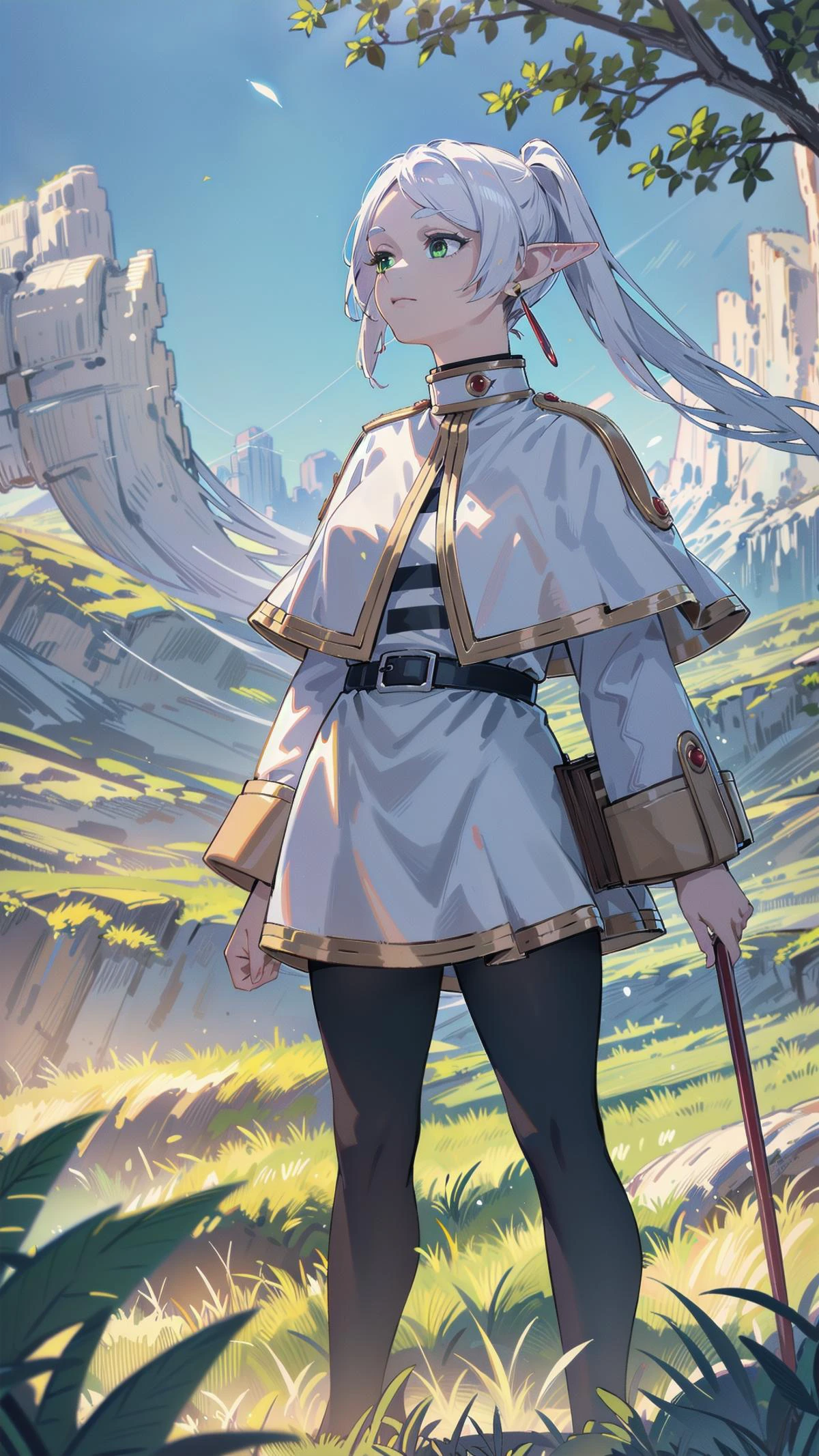 (8k, RAW photo, best quality, masterpiece:1.2), (realistic, photo-realistic:1.37), fll, twintails, 1girl, pointy ears, round face,white hair, white capelet, green eyes, elf, pantyhose, long hair, earrings, black pantyhose, long sleeves, nature,grasslands,Standing with one hand on the hip, looking confident, <lora:fll-v100_2:0.8> <lyco:frierenv2-lyco-nochekaiser:0.3>