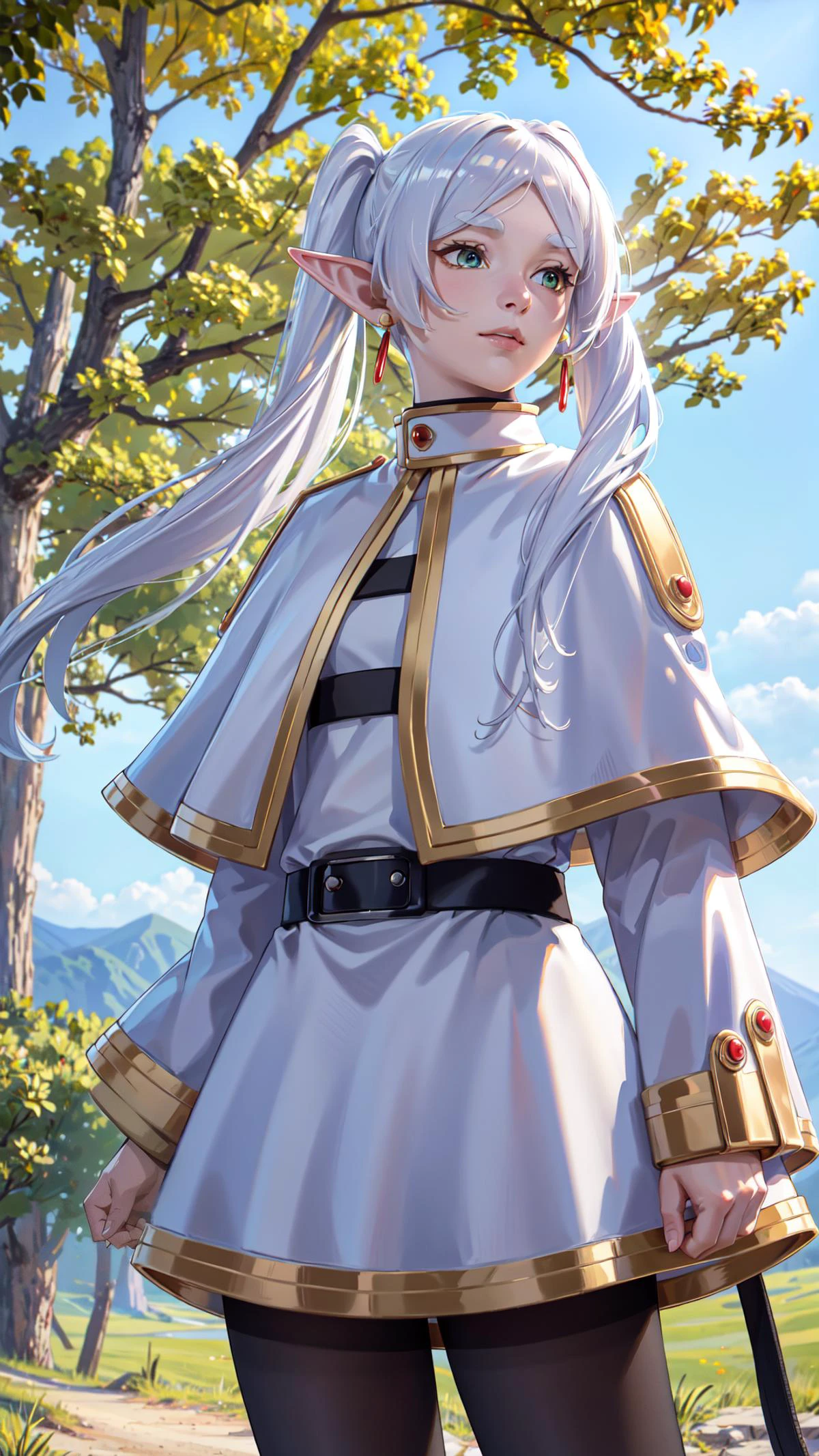 tree, background, (8k, RAW photo, best quality, masterpiece:1.2), (realistic, photo-realistic:1.37), fll, twintails, 1girl, pointy ears, round face,white hair, white capelet, green eyes, elf, pantyhose, long hair, earrings, black pantyhose, long sleeves, nature,grasslands,Standing with one hand on the hip, looking confident, <lora:fll-v100_2:0.8> <lyco:frierenv2-lyco-nochekaiser:0.3>