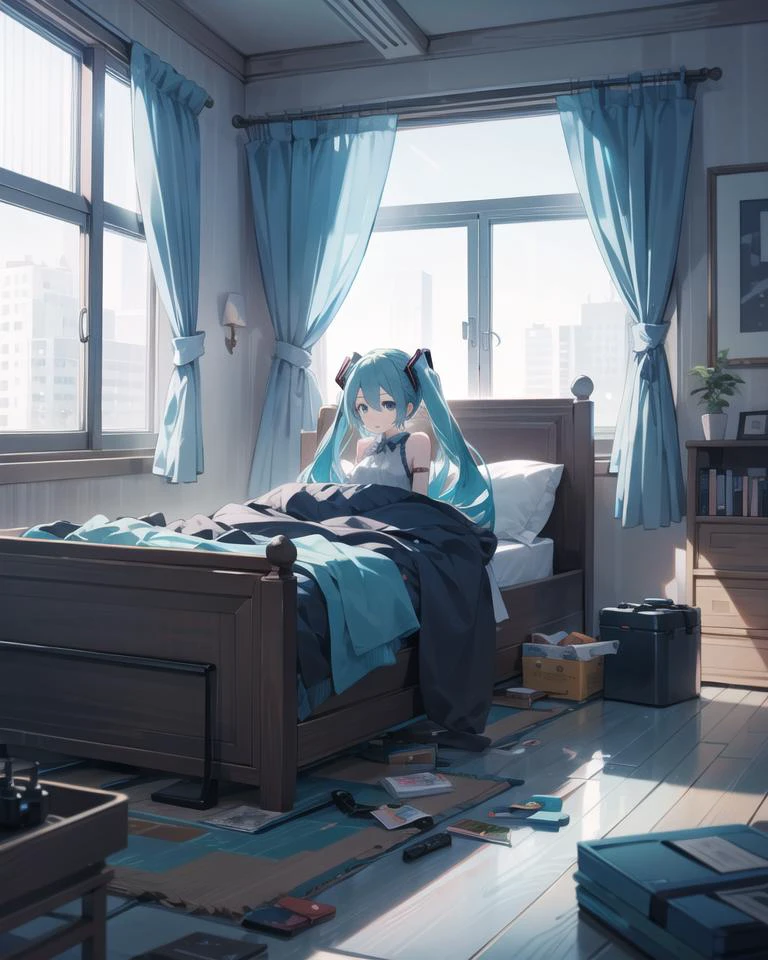 1girl, solo,
indoors, bedroom,
arms at sides, hatsune miku,
blueprint \(object\),