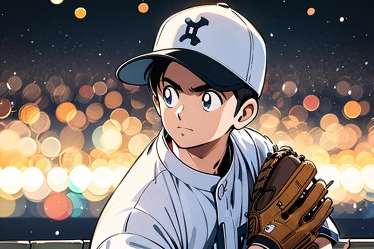 master piece,best quality,1boy,solo,baseball uniform,baseball uniform,white pants,pants,baseball cap,black hair,outdoors,belt,crowd,<lora:Adachi_v2:0.6>,baseball ground,bokeh,(hand on the brim of the hat),
portrait,(look up),(put on baseball glove),