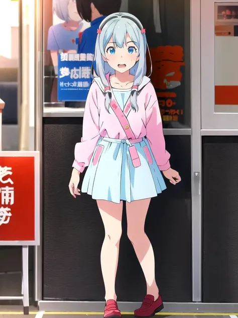 masterpiece, best quality, detailed, 1girl, solo, windy, full body, public place background, surprised,, ,takeda hiromitsu style, <lora:takeda_hiromitsu_style_v2 by Goofy Ai:1>,, izumi sagiri, <lora:chara_Eromanga-sensei_IzumiSagiri_v2:1>