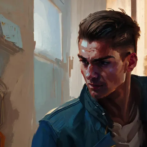 masterpiece, best quality, 8k, oil painting, soft lighting, morning, ((1man)), 20 years old, rebel, ((blue jacket)), (buzzcut), (clean shaven), blond hair, dirty apartment, weapons in background, walls falling apart,  <lora:DiscoElysiumStyle:1>  portrait <lora:epiNoiseoffset_v2Pynoise:1>