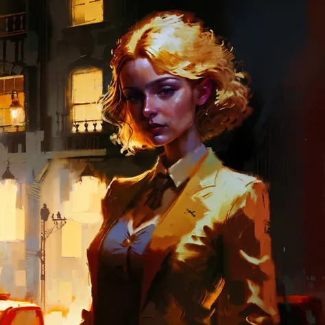 <lora:DiscoElysiumStyle_v1:1>,complex_background,oil painting,soft_lighting,ZaUm,elysiumChar,colorful,1woman,Tyndall_effect,blonde hair,suit jacket,, masterpiece, best quality,