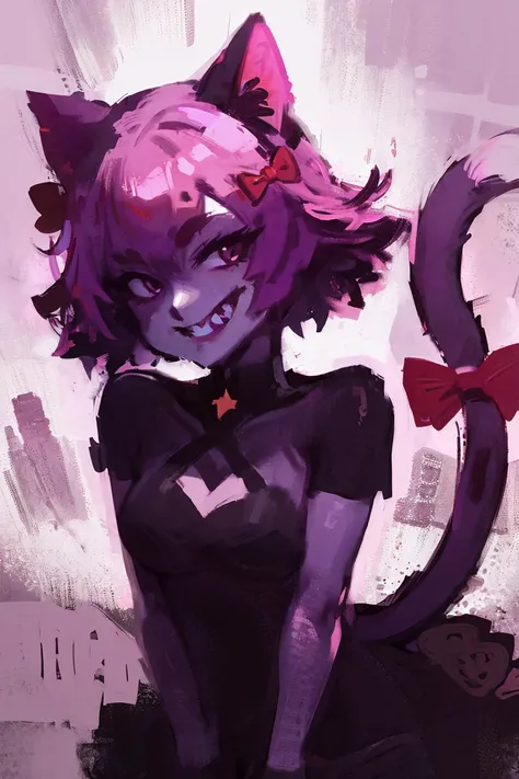 masterpiece, highest quality, cowboy shot, best quality, 1girl, solo, looking at viewer, sadistic, evil grin,
masunya, cat ears, (purple skin color:1.1), (red hair bow:1.1), highly detailed, dress, tail, <lora:Masunya_masyunya_civit_V2:1>
zaum, elysiumchar, portrait, scenery, <lora:DiscoElysiumStyle:1>