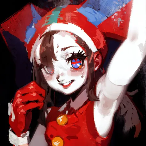 masterpiece,  <lora:pomni:0.9> pomni, multicolored clothes, jester cap, puffy short sleeves, gloves, buttons, colored skin, symbol-shaped pupils, red eyes, blue eyes, crazy, smile, constricted pupils, wide eyes, looking at viewer, upper body, indoor, dark, black background, <lora:DiscoElysiumStyle:0.8> zaum, elysiumchar, portrait, zaum, elysiumscape, scenery