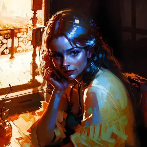 <lora:DiscoElysiumStyle_v1:1>,complex_background,oil painting,soft_lighting,ZaUm,colorful,1woman,, masterpiece, best quality,
