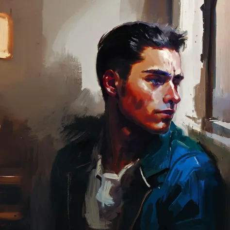 masterpiece, best quality, 8k, oil painting, soft lighting, morning, ((1man)), 20 years old, rebel, ((blue jacket)), (buzzcut), (clean shaven), dirty apartment, weapons in background, walls falling apart, <lora:DiscoElysiumStyle:1> portrait <lora:epiNoiseoffset_v2Pynoise:1>