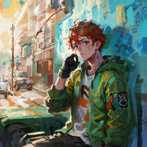 masterpiece, best quality, 8k, oil painting, soft lighting, morning, ((1boy)), , ((rebel)), ((green army jacket, oversized)), brown gloves, ginger hair, blue eyes, sitting, inside garage apartment, car in background, walls falling apart, <lora:DiscoElysiumStyle:1> ((portrait)) <lora:epiNoiseoffset_v2Pynoise:0.5>