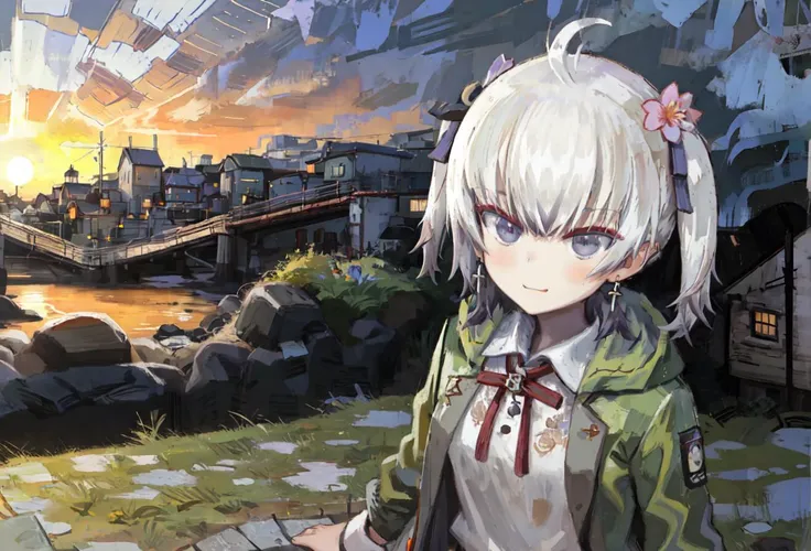 masterpiece, best quality, oil painting 
1girl,  (solo:1.2), dongxuelian, azuma_seren, ZaUm, elysiumChar,  <lora:DiscoElysiumStyle_v1:0.9>,  <lora:dongxuelianv6:0.9> , <lora:capriccio:0.25>

white hair,  short hair,  purple eyes, extremely detailed eyes, extremely detailed face, (closed mouth:1.3), short neck,full body, small breasts, thick thighs, hair ribbon, jacket, hand in pocket, 

full body, standing on riverbank,
horizon, actory, field, sun, scenery, dusk, sunset, sky,