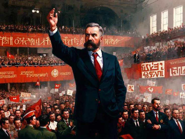 Hammer and sickle composition, communism, installation with happy people, ideology