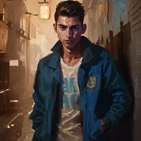 masterpiece, best quality, 8k, oil painting, soft lighting, morning, ((1man)), 20 years old, rebel, ((blue jacket)), (buzzcut), (clean shaven), dirty apartment, weapons in background, walls falling apart, <lora:DiscoElysiumStyle:1> portrait <lora:epiNoiseoffset_v2Pynoise:1>