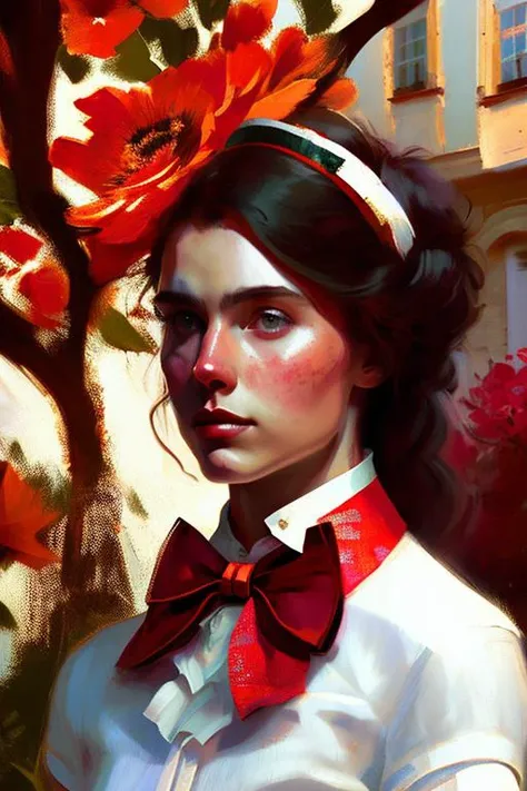 award winning art ,((best quality)), ((masterpiece)), closeup , gorgeous european caucasian girl (( white shirt:1.3)), (red bow tie:1.3), wearing a crown, 15 yo, (long brown hair), hazel eyes, sitting outside at a Paris caf, eiffel tower in background,empowered, (freckles), intricate details, professional, 4k, spring flowers blooming, god rays, hand model, delicate,, smooth, aesthetic, post-processing, roughness, ((hand end chest)), ((sfw)) art by ilya kuvshinov, artgerm, Alphonse mucha, and Greg Rutkowski, ((visible brush strokes))((lost edges)), art nouveau, ((concept art)) (crazy collors) <lora:(style)_DiscoElysiumStyle_v1:0.7>